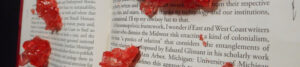 Text pages with rubies bursting through