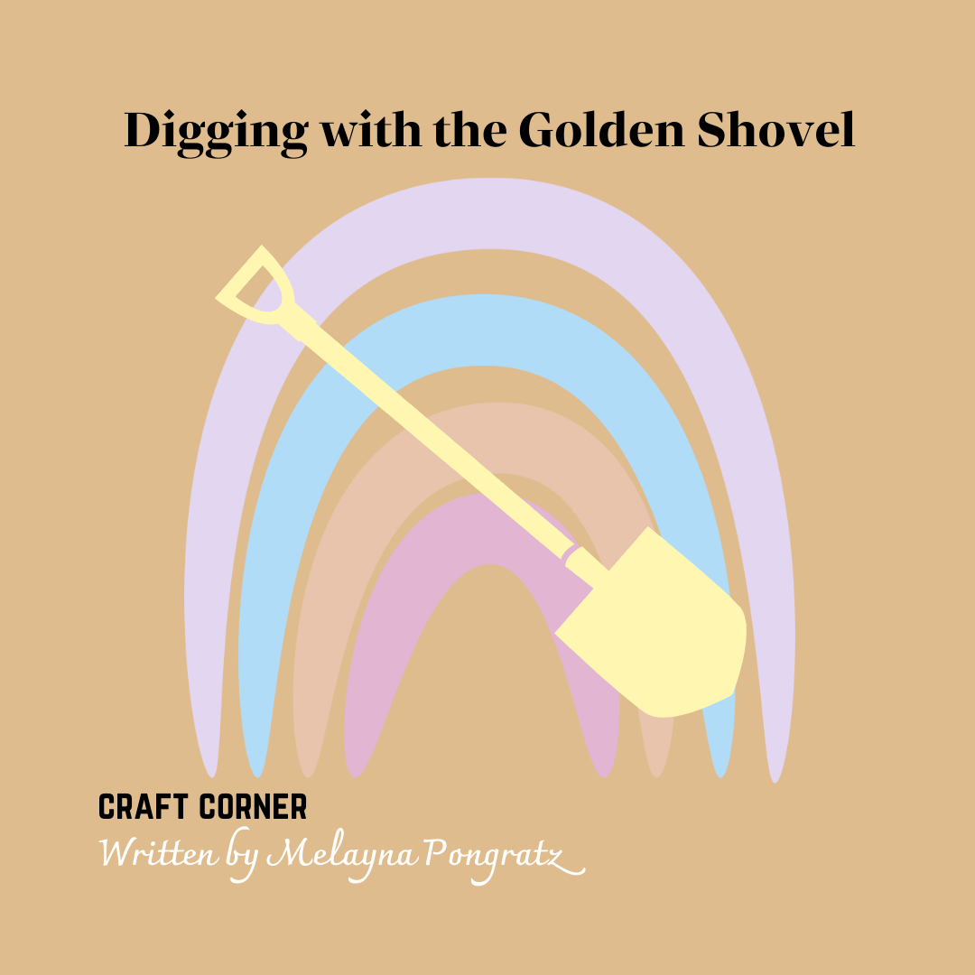 Image displaying golden shovel over a rainbow over beige background