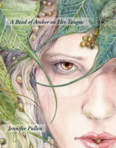 book cover featuring drawing of closeup of woman's face behind leaves